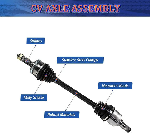Beefed Up Front CV Axle Shaft Assembly For Nissan Sentra 2013 2014 2015 2016 2017 2018 2019 With 1.8L CVT Automatic Transmission FWD Front Left And Right Sides Direct Fit Replacement showing components like splines and neoprene boots.