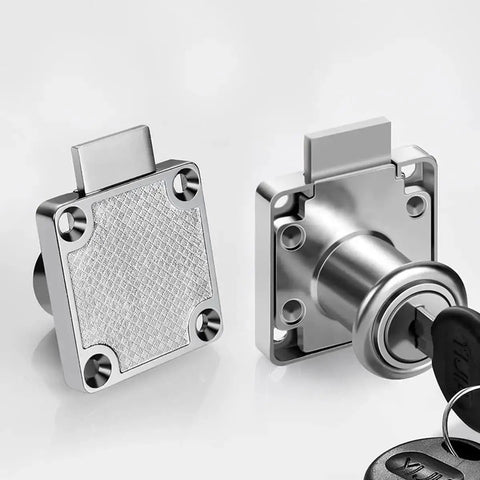 Go-To Silver Cabinet Drawer Lock With 19Mm Hole Fits 17Mm-22Mm Door Panels Zinc Material, front and side view, includes 4 keys