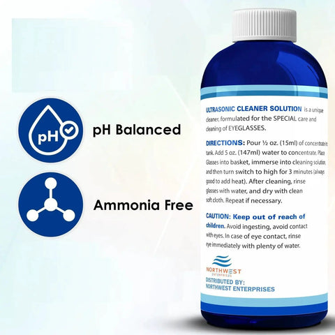 Bottle of Concentrated Ultrasonic Eyeglasses Cleaner Solution For Sonic Machines with pH balanced, ammonia-free label.