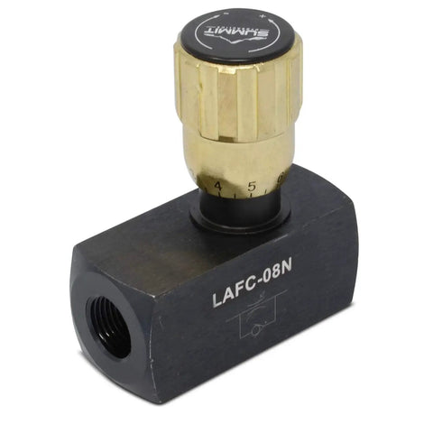 Hydraulic In-Line Adjustable Variable Flow Control Valve With Free Rev Flow, 1/2 in NPT, 5000 PSI Max, brass and black design