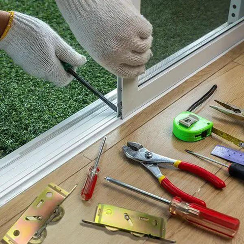 Adjustable Tandem Roller Assembly for Sliding Patio Doors installation with tools, 1-1/4 inch steel wheels used for PVC and wood doors