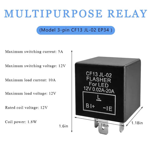 Universal 3 Pin CF13 Flasher Relay For Turn Signals And 12V LED Blinkers Easy Plug And Play Replacement That Fixes Hyper Flash No Flash Issues