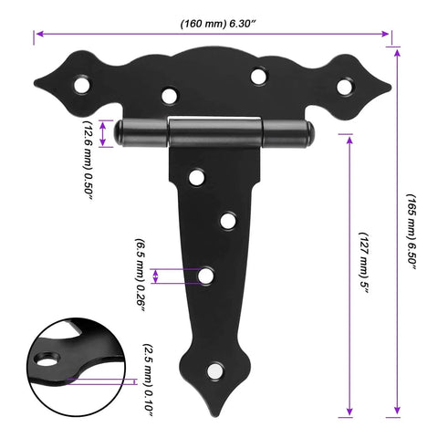 Six Pack 5 Inch T Shape Strap Hinges With Screws, Classic Black Decorative Gate Hinges dimensions and design view