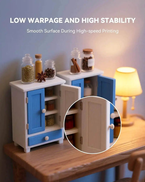Miniature cabinets showcasing smooth surface finish from PLA Plus 2.0 1.75mm 3D Printer Filament high speed printing, low warpage.
