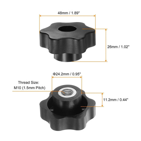 4 Pcs M10 Female Thread Star Knobs With 48mm Head Through Hole Black, showing top and side view, with measurements and iron insert visible.