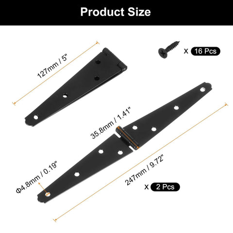 Product size details of Two Piece Strap Hinges 5 Inch Heavy Duty Tee Gate Hinge Set for Wooden Fences and Barn Doors with screws.