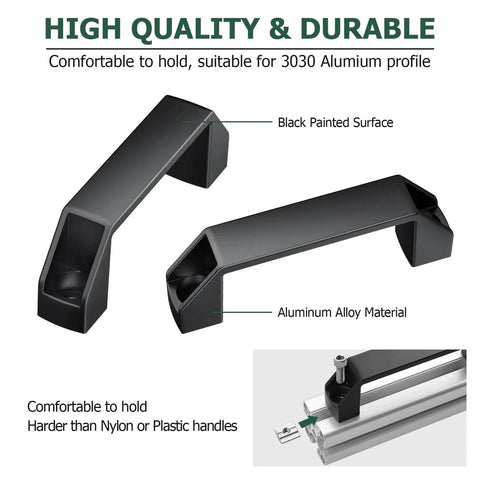 4 Pack 3030 Aluminum Handle Set With 120mm Hole Distance And Rectangular Industrial Pull Handles For 30 Series European Standard Aluminum Extrusion Profiles Black Finish includes installation illustration and material description.