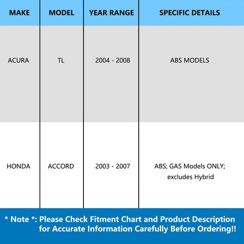Chart detailing Rear Wheel Bearing Hub Assembly Pair With ABS compatibility for Acura TL 2004-2008 and Honda Accord 2003-2007.