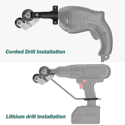 Pro Grade Drill Plate Cutter Attachment for Metal Sheets installed on corded and lithium drills