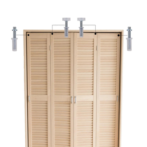 Six Piece Bi-Fold Door Top Roller Guide Wheels And Top Pivot Kit With Spring Loaded installed on wooden closet doors.