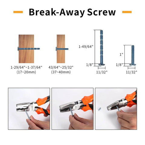 Break-away screws with dimensions, installation demonstration using pliers, for 96mm Oil Rubbed Bronze Cabinet Handles.