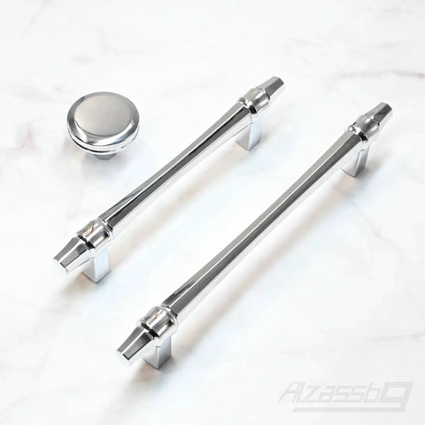 6 Pack Polished Chrome Cabinet Knobs 1-1/4 Inch Round Kitchen Hardware Easy To Install next to elongated handles on white surface