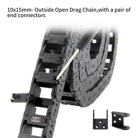 Drag Chain Cable Carrier 10x15mm Open Type For 3D Printer And CNC Router, 39.3 Inch, with end connectors, black plastic chain