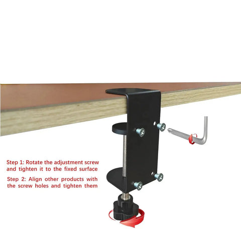 Heavy Duty 3 Inch C Clamp 2 Pack With Four Hole Back, adjustable desk clamps installed on a wooden surface, non-slip pads visible