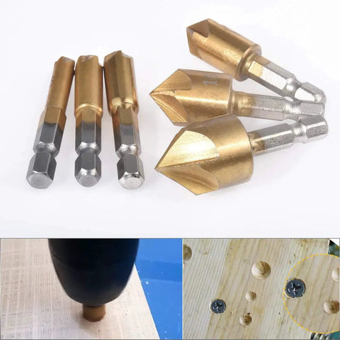 Countersink Deburring Drill Bit Set For Wood, Metal, Fiberboard, Plywood, Plastic, PVC, 6 Pcs shown with close-up on usage