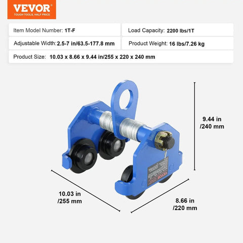 Manual Trolley For I Beam 2200 Lb Capacity, 1 Ton Load, alloy steel, dual wheels, adjustable width 2.5 to 7 inches, side view