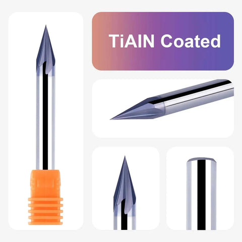 Image showing 30 Degree V Groove Router Bit With TiAIN Coated One Quarter Inch Shank Four Flute Pro Grade Carbide Chamfer End Mill for CNC Engraving and Lettering SpeTool for Woodworking and Sign Making Projects, featuring close-up views of its TiAIN coating and carbide structure.