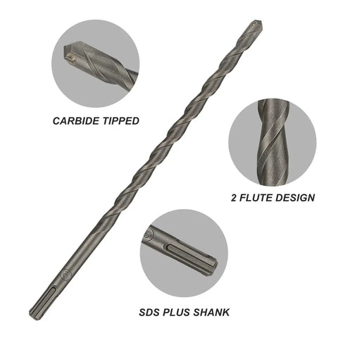 Carbide-Tipped SDS-Plus Rotary Hammer Drill Bit Set YOUGFIN 17 Pieces, close-up on a single carbide-tipped bit with 2 flute design.