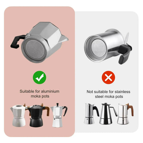 2, 3, 6, 9, 12 Cup Stovetop Espresso Gasket And Filter Set, Silicone Rubber Seal suitable for aluminum moka pots, not stainless steel.