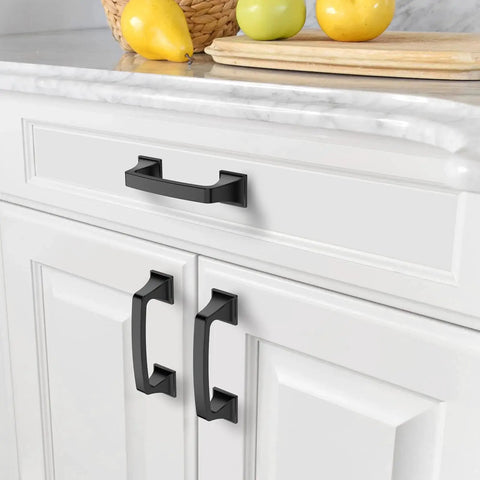 10 Pack Matte Black 3 Inch Hole Centers Cabinet Pulls Solid Zinc Alloy Kitchen Drawer Handles installed on white cabinets