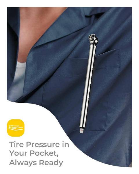 Pencil-style tire pressure gauge with stainless steel body and metal nozzle in shirt pocket