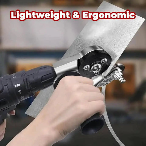 Sheet Metal Nibbler Drill Attachment For Clean Burr Free Cuts On Steel Aluminum And Plastic in use on metal sheet