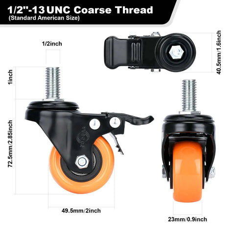 Caster Wheels 2 Inch Swivel Set Of Four Heavy Duty 600 Lbs Per Caster Half Inch 13 Threaded By One Inch Shafts Dual Locking