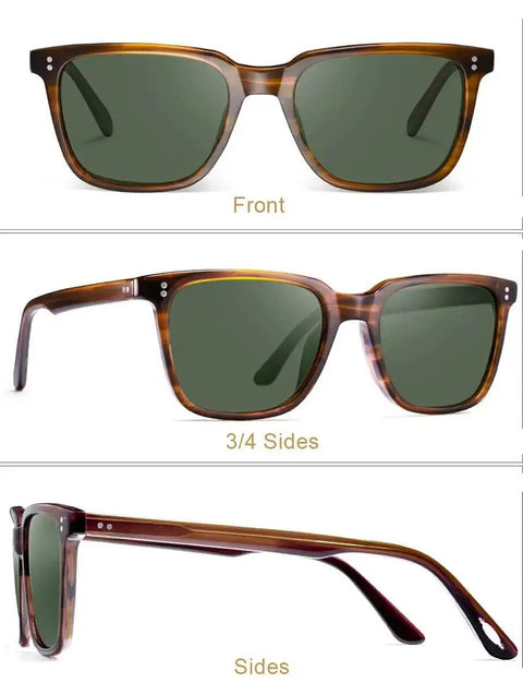 Polarized Mens Sunglasses For Driving And Fishing With Acetate Frames HD Anti Glare Lenses Square Frame Design Built For Outdoor Adventures UV Protection All Day Comfort For Everyday Street To Shore, shown in front, side, and 3/4 views