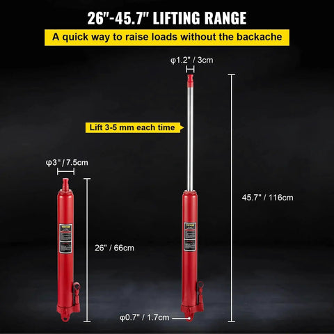 Side view of 8 Ton Hydraulic Long Ram Jack With Clevis Base For Engine Hoists And Cranes showing lifting range.
