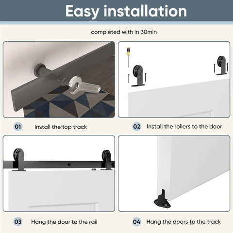 Step-by-step installation of 36x84 Inch White Primed Sliding Barn Door With 6 Ft Hardware Kit And Handle, One-Panel Solid Core Composite Interior Door Slab, Paintable Surface, Preassembled For Easy No-Fuss Install, Durable And Sturdy
