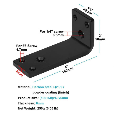 Diagram of Six Pack 4 By 2 Inch Beefy Heavy Duty Corner Braces Black Powder Coated Steel Supports, detailed dimensions and screw sizes