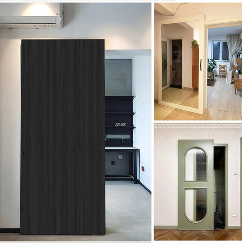 Concealed Sliding Barn Door Hardware Kit With 59.05 Inch Track installed in different room settings showcasing floating wall mount.