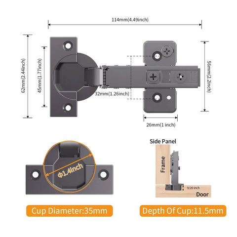 Frameless Full Overlay Soft Close Concealed Cabinet Hinges 20 Pack Black Titanium Plated Self Closing 105 Degree Open Angle And 85 Degree Stop 3D Adjustment Clip On Stainless Steel For Cabinet Doors Easy Install No Fuss, showing dimensions and details.