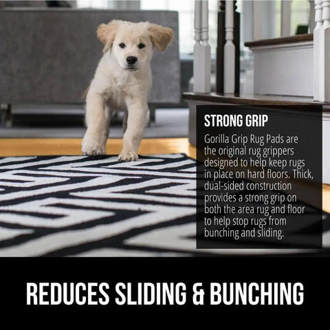 Puppy on rug using Extra Strong Rug Pad Gripper 2x4 Ft For Hardwood Floors And Carpets, Slip Resistant Pad That Keeps Area Rugs In Place.