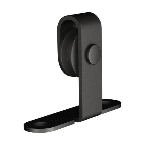Close-up of a matte black stop from a 60 Inch Mini Barn Door Hardware Kit For Double Cabinet Doors Top Mount Matte Black Finish Trim To 55 Inches Includes Flat Rail, Four Rollers, Four Stops, Door Guide, Rails Mounting Brackets For Doors Three Quarters Inch Thick, And Hardware, showing mounting holes for installation.