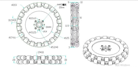 Technical diagram of 8 Inch Omnidirectional Robot Wheel Set Dual Omni Wheels With 203mm Metal Drive Hubs, front and side view.