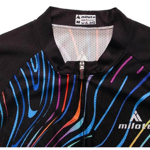 Close-up of black cycling jersey with colorful stripe pattern, zipper front, and Miloto logo on chest