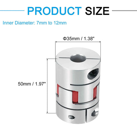 MECCANIXITY aluminum shaft coupling, 7–12 mm bore, 50 mm length, Ø35 mm, silver with red spider jaws