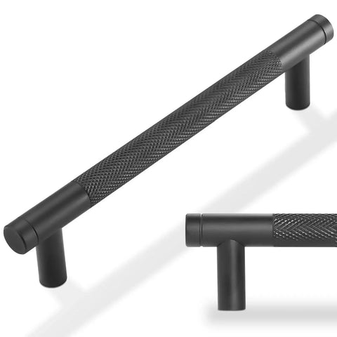 10 Pack 5 Inch Matte Black Kitchen Cabinet Handles Knurled Cabinet Pulls For Cabinets And Drawers Durable Metal Construction Center To Center 5 Inches Overall Length 6.2 Inches Projection 1.3 Inches Corrosion Resistant