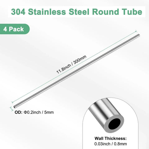 304 Stainless Steel Tube 4 Pack 300mm Seamless Pipe 5mm OD 0.8mm Wall Diagram