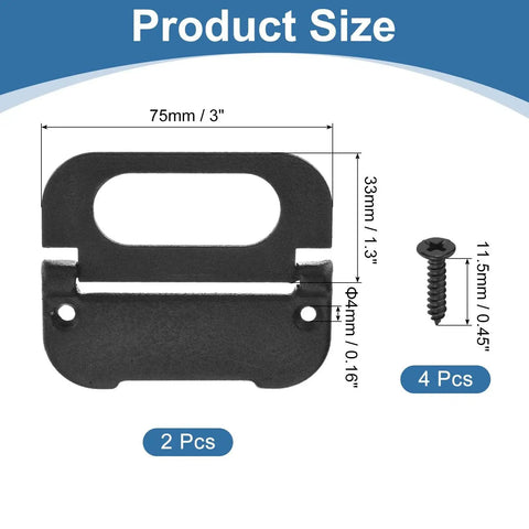 Recessed Flush Pull Door Handle Set 2 Pack Invisible Pull Handles With Screws showing size dimensions and parts in Bright Black Iron Finish.