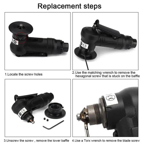Replacement steps for Mini Pneumatic Chamfering Tool For Fast Metal Deburring And Beveling, showing screw positions and disassembly.