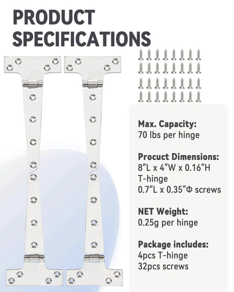 Product specifications of 316 Stainless Steel T Hinges 8X4 Heavy Duty With Screws For Hatch Gate Door Fence Barn Cabinets Windows 4 Pack.