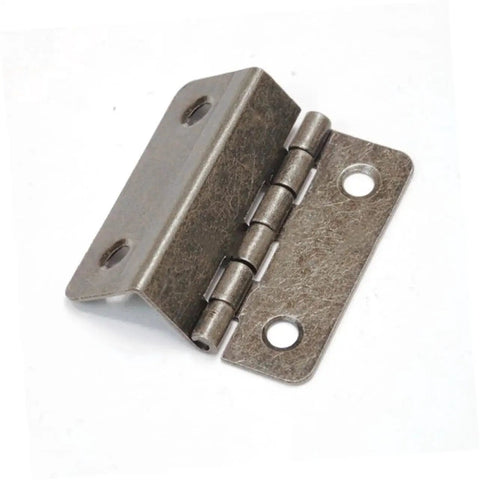 Three Fold Right Angle Hinge Set For Wooden Boxes And Cabinets, heavy duty durable iron hinge, close-up view, beefy build.