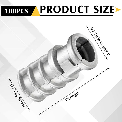 100 Pieces Lag Shield Anchors Set One Quarter Inch By One Inch Zinc Alloy Concrete Anchors front view with measurements