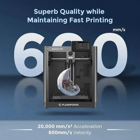 Auto Calibrating 3D Printer With 1Click Setup Turbo 600mm Per Sec Printing All Metal CoreXY Frame front view with 3D print model