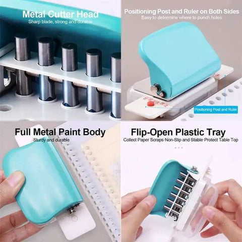 Collage of 6 Hole Punch Handheld Metal Craft Tool showing metal cutter head, positioning post, full metal body, and flip-open plastic tray