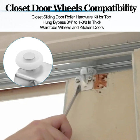 Sliding Closet Door Roller Kit With Floor Guide For Top Hung Wardrobe Doors Replacement Hardware Includes Track And Adjustable Guides Fits Three Quarters Of An Inch To One And Three Eighths Inches Doors shown installed on a closet.