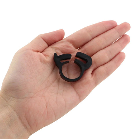 20 Piece Nylon Hose Clamps Five Eighth Inch Carabiner Style Black Plastic Hose Band Fasteners shown on hand