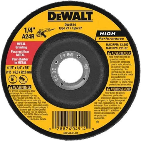 Heavy Duty Pro Grade Metal Grinding Wheel For 4-1/2 Inch Metalworking Projects, 1/4 Inch Thick, 7/8 Inch Arbor, Aluminum Oxide Disc, DeWalt Replacement Wheel Pack Of 10 shown in packaging with label details.